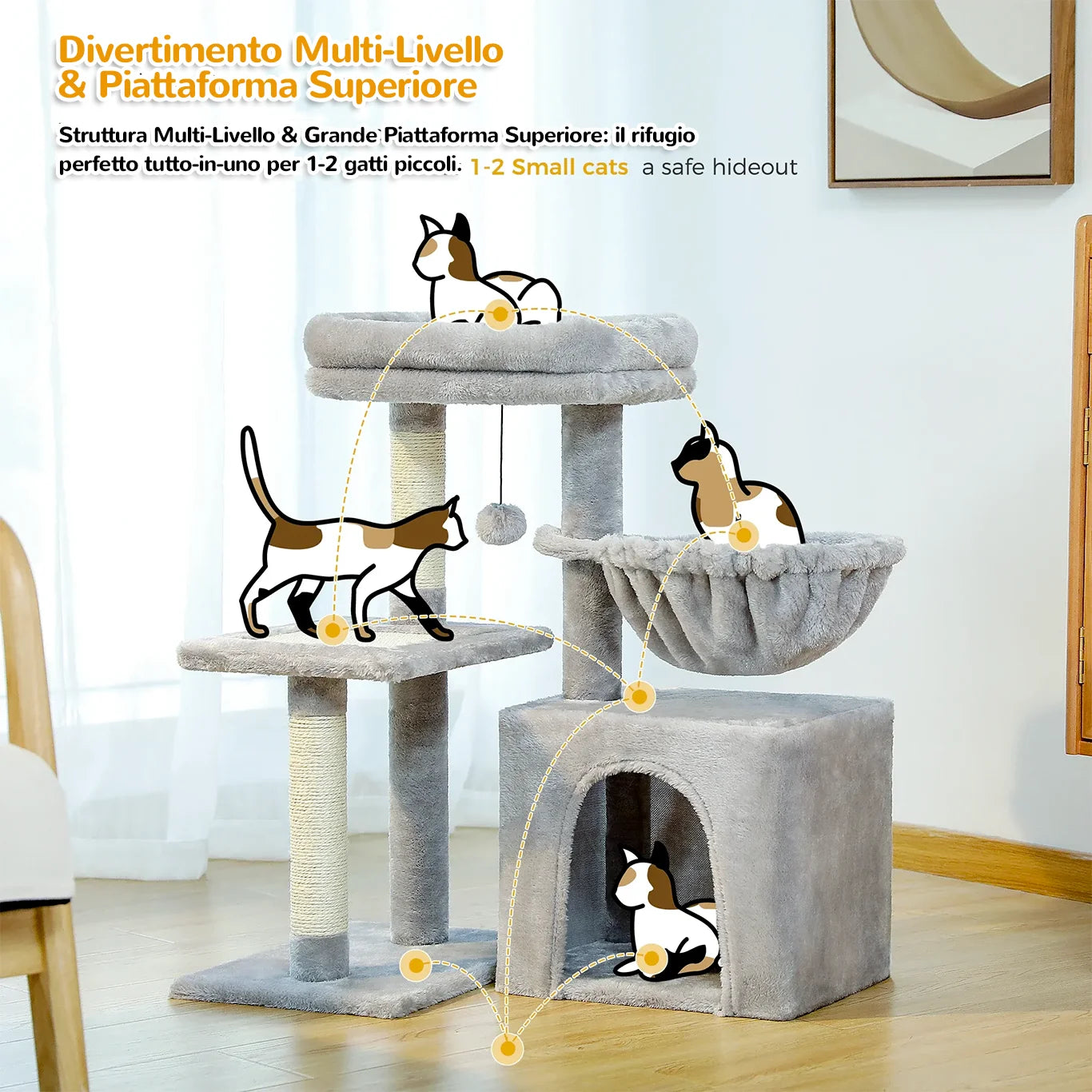 Tiragraffi MiniPaws™ multistrato per 1-2 gatti con piattaforme e amaca