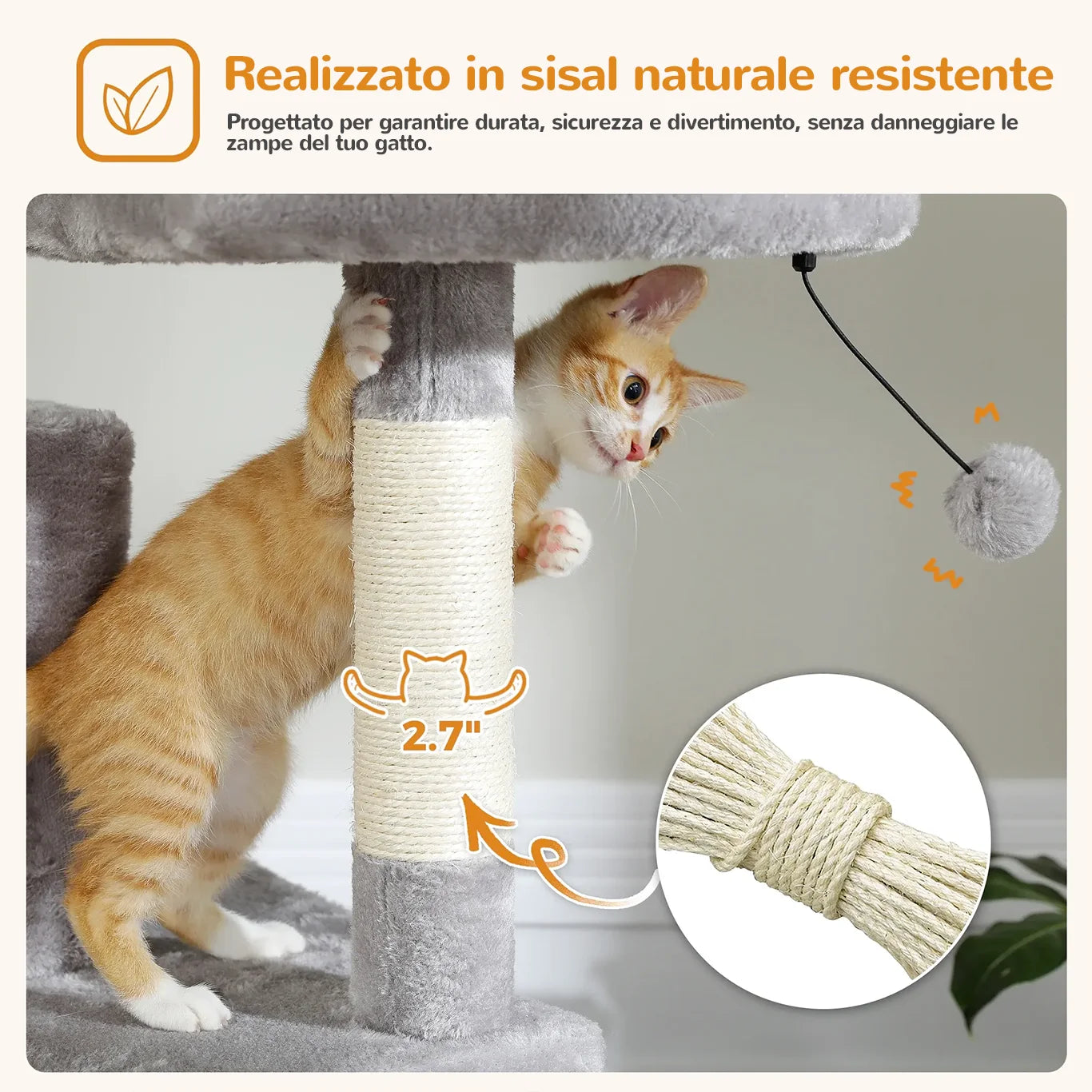 Pali tiragraffi in sisal naturale resistente, sicuri per le zampe del gatto