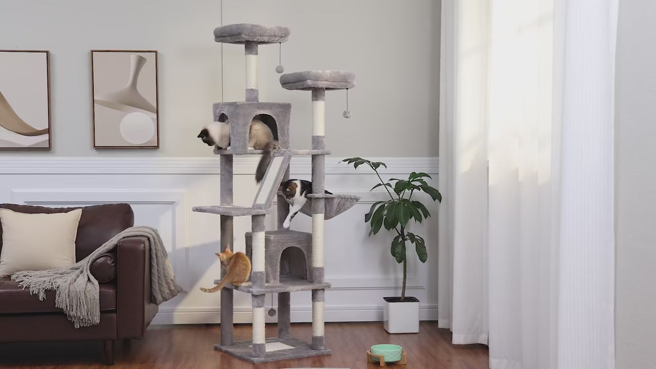Video: tiragraffi per gatti 180 cm ClimbaTower™ – panoramica funzioni, amaca rinforzata, 2 condo e pali in sisal