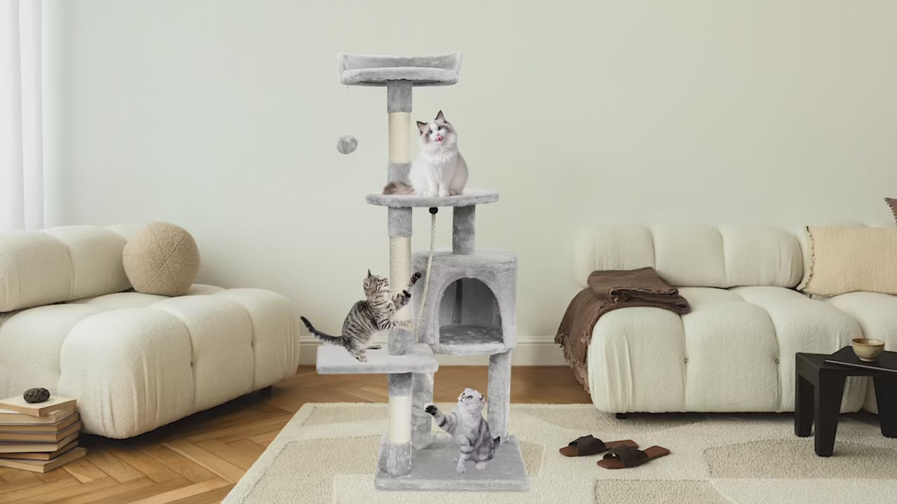 Video dimostrativo FeliTower™ 112 cm – albero tiragraffi compatto con condo, pali in sisal naturale, piattaforme morbide e amaca per gatti.