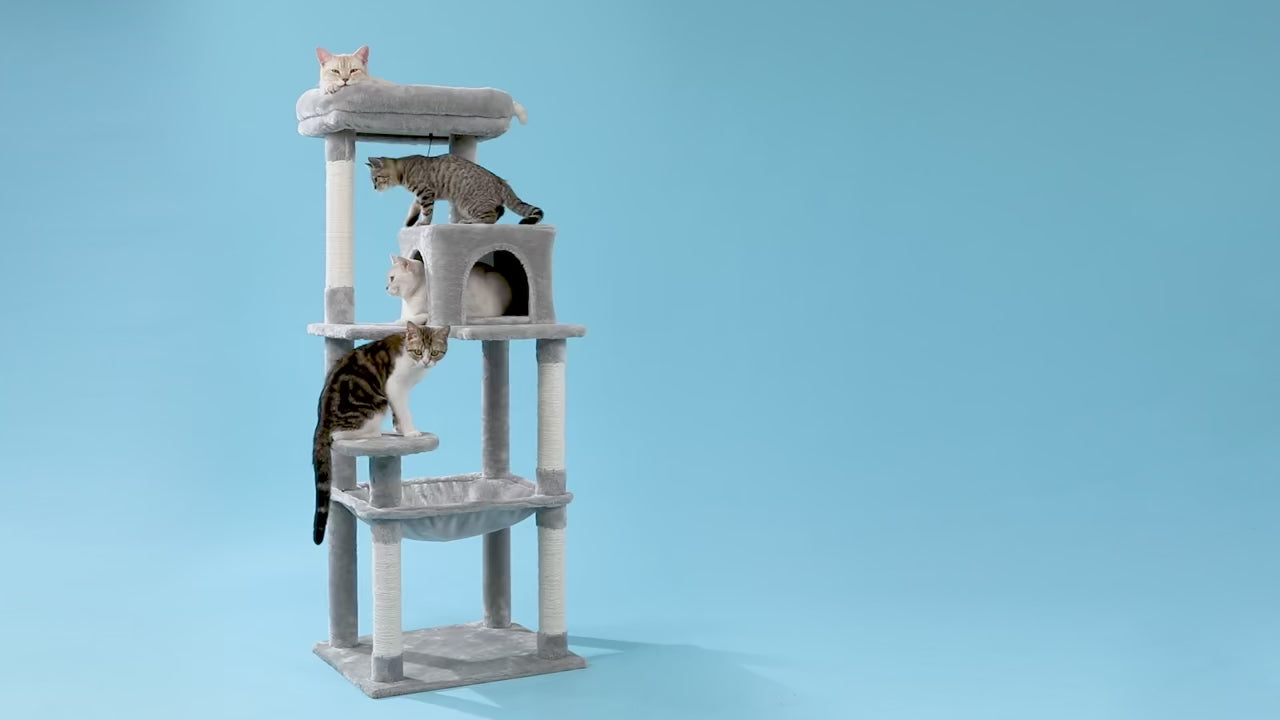 GrigioCat™ – Video di presentazione dell’albero tiragraffi multi-livello con amaca e cuccia per gatti
