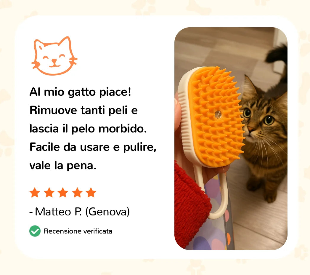 Recensione cliente Auvya: spazzola che rimuove peli e lascia il pelo morbido, gatto di Matteo a Genova