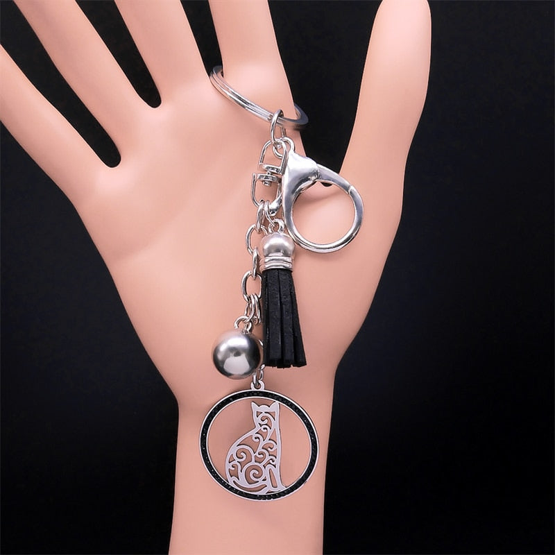 Silver Abstract Cat Keychain