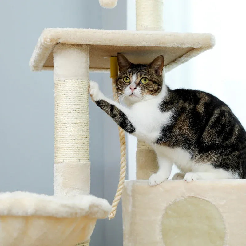 Gatto che graffia il palo tiragraffi dell’albero SnowTower bianco elegante
