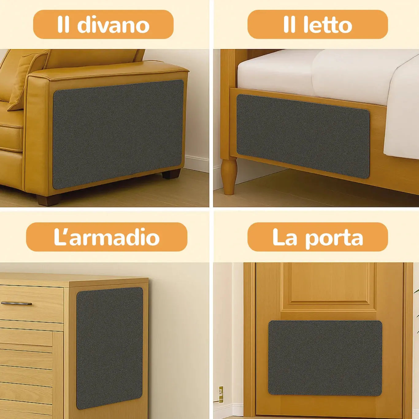 Esempi di utilizzo SofaSafe su divano, letto, porta e armadio