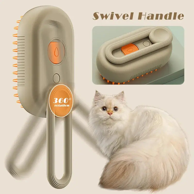 Spazzola a vapore per gatti con manico rotante 360° e design ergonomico.
