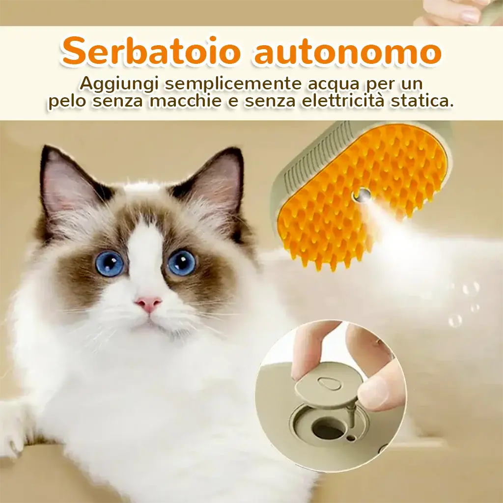 Spazzola a vapore per gatti con serbatoio autonomo per pelo morbido e senza elettricità statica.