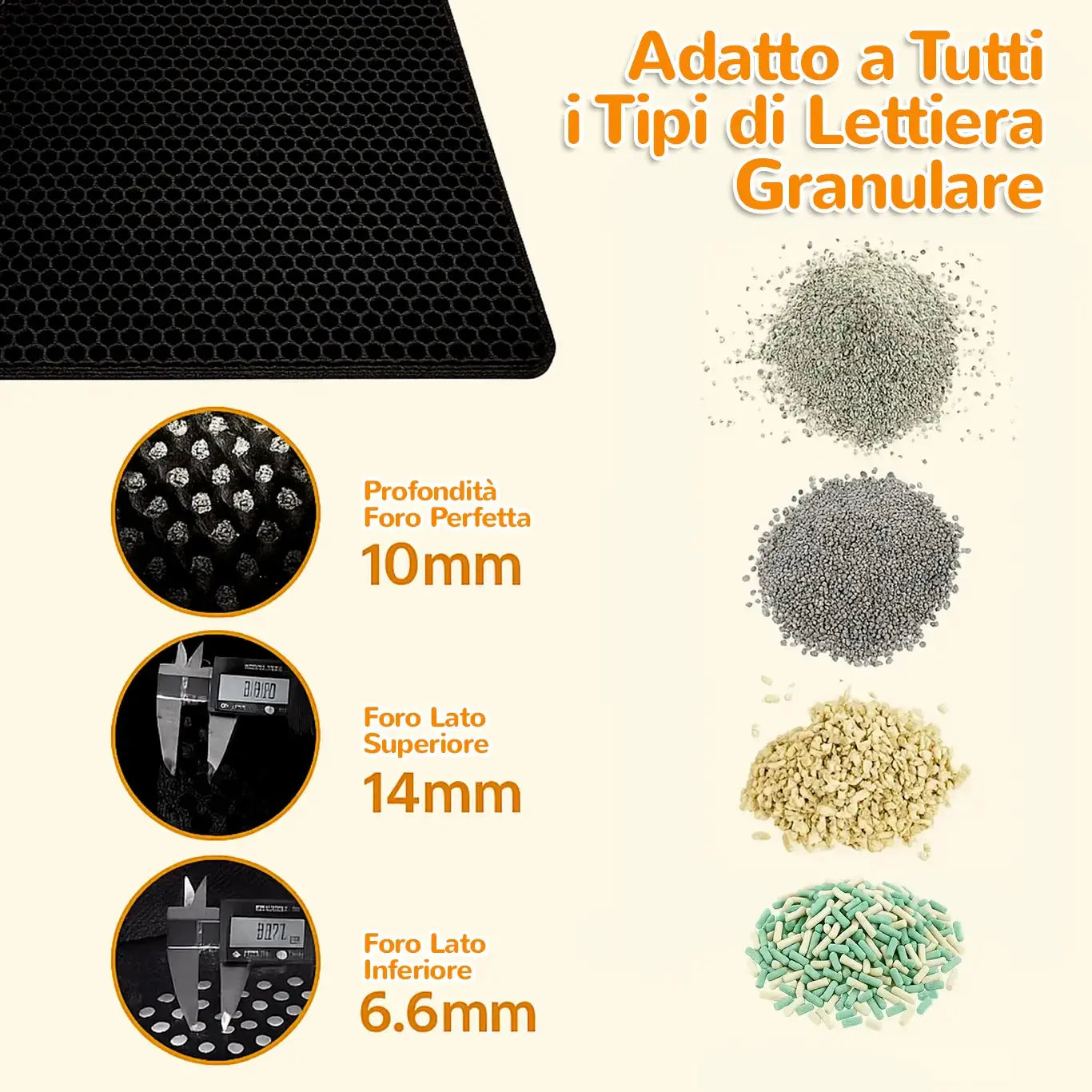 MiloMat™ tappetino anti lettiera gatto adatto a tutte le tipologie di sabbia e pellet.
