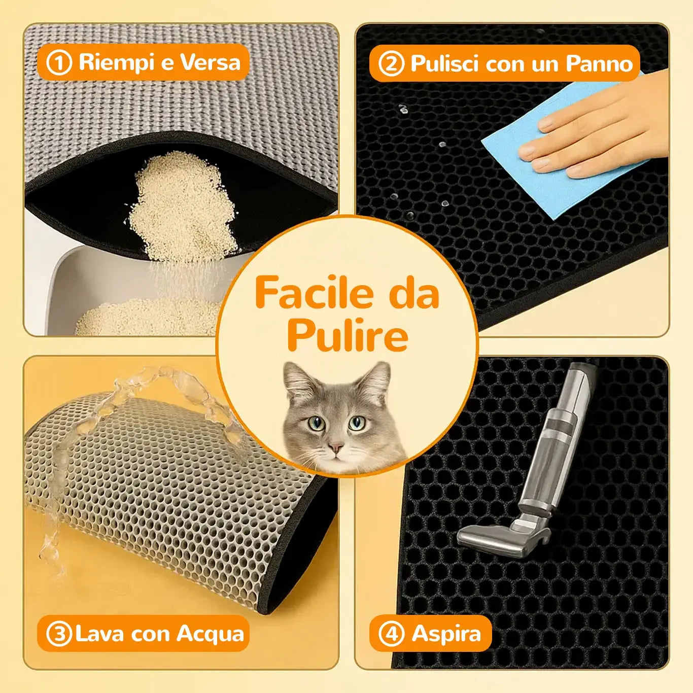 Tappetino lettiera gatto MiloMat™ facile da pulire con acqua, aspirapolvere o panno.