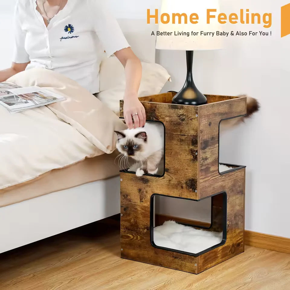 TinyFurniture™ albero per gatti compatto 3 livelli in legno rustico