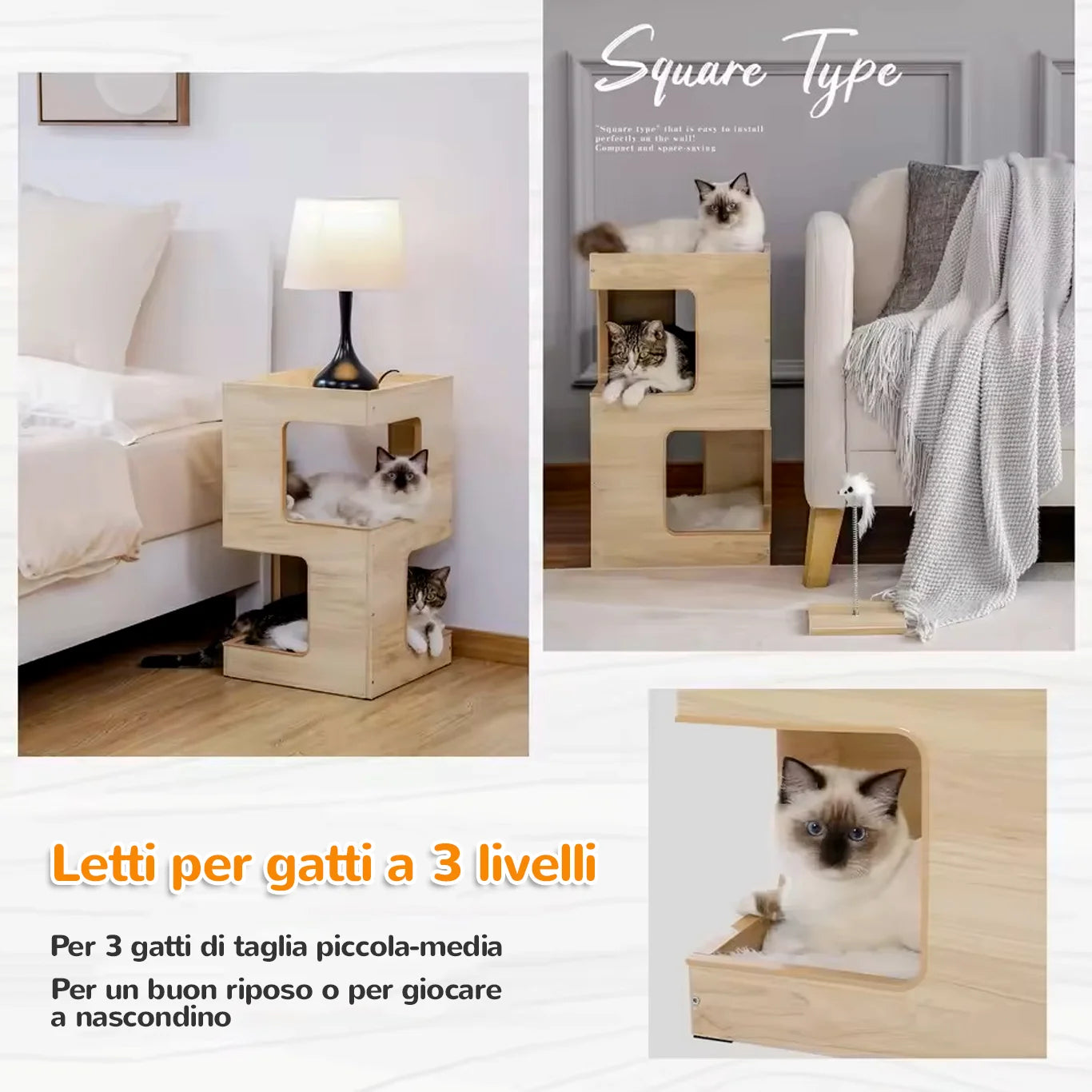 TinyFurniture™ albero per gatti compatto 3 livelli multifunzionale per gioco e riposo