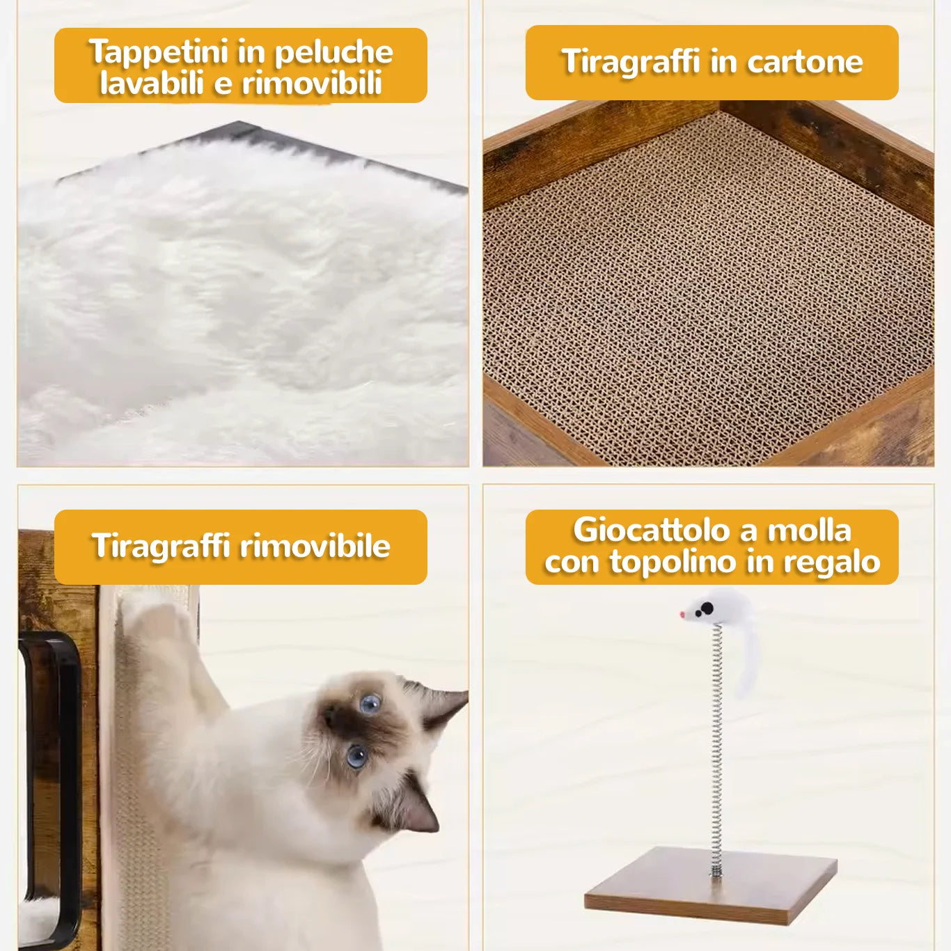 TinyFurniture™ accessori albero gatti con tappetini, tiragraffi e giocattolo