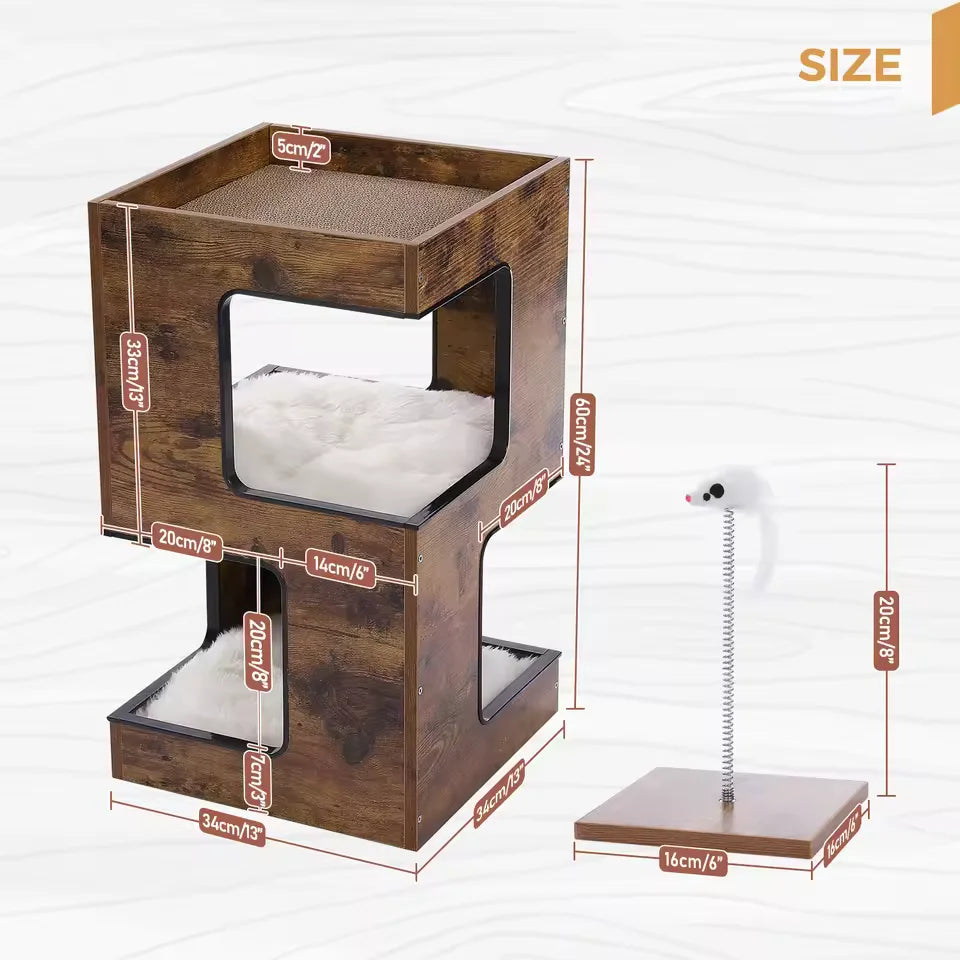 TinyFurniture™ albero per gatti compatto rustico con misure e cuscini