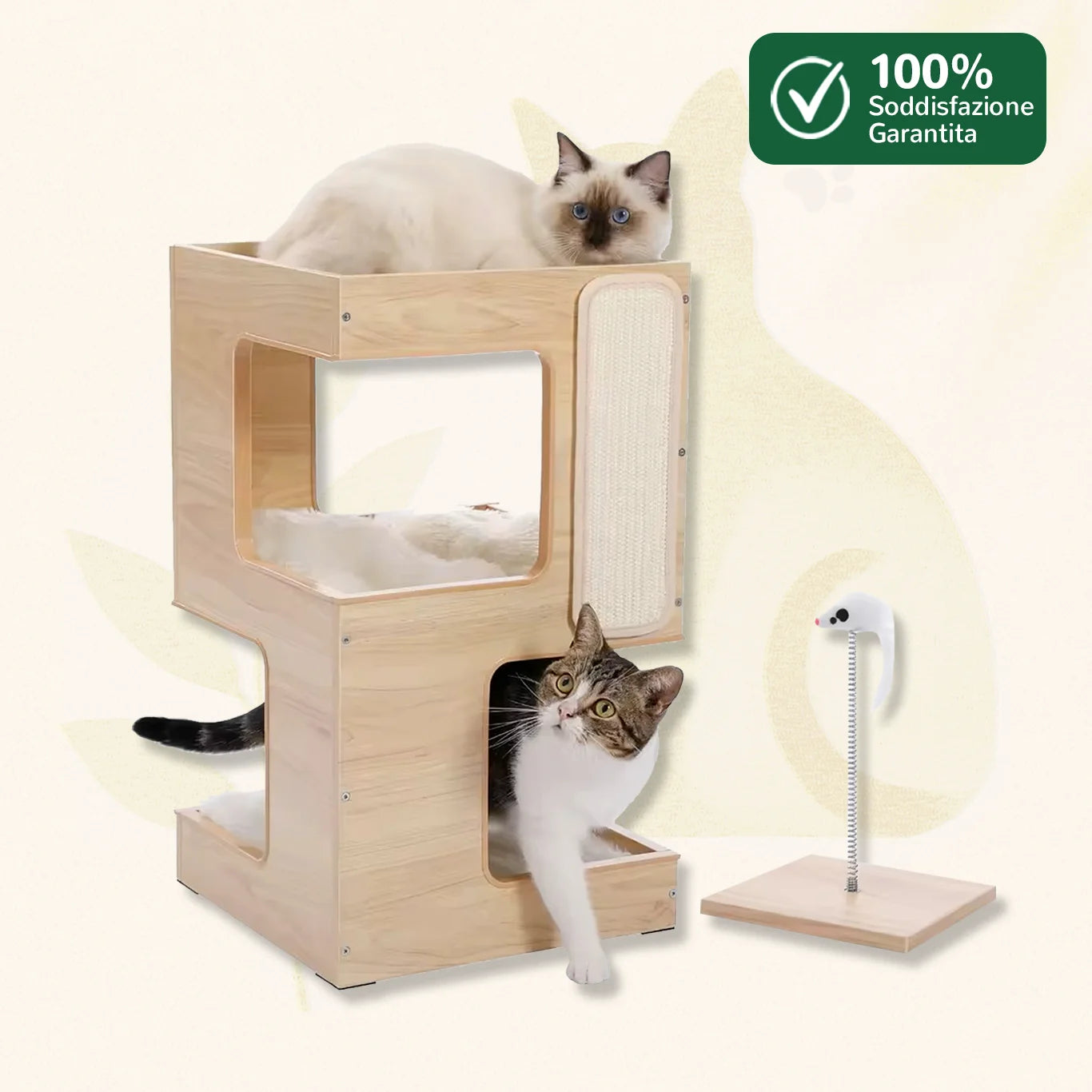 TinyFurniture™ albero per gatti compatto 3 livelli in legno chiaro con tiragraffi