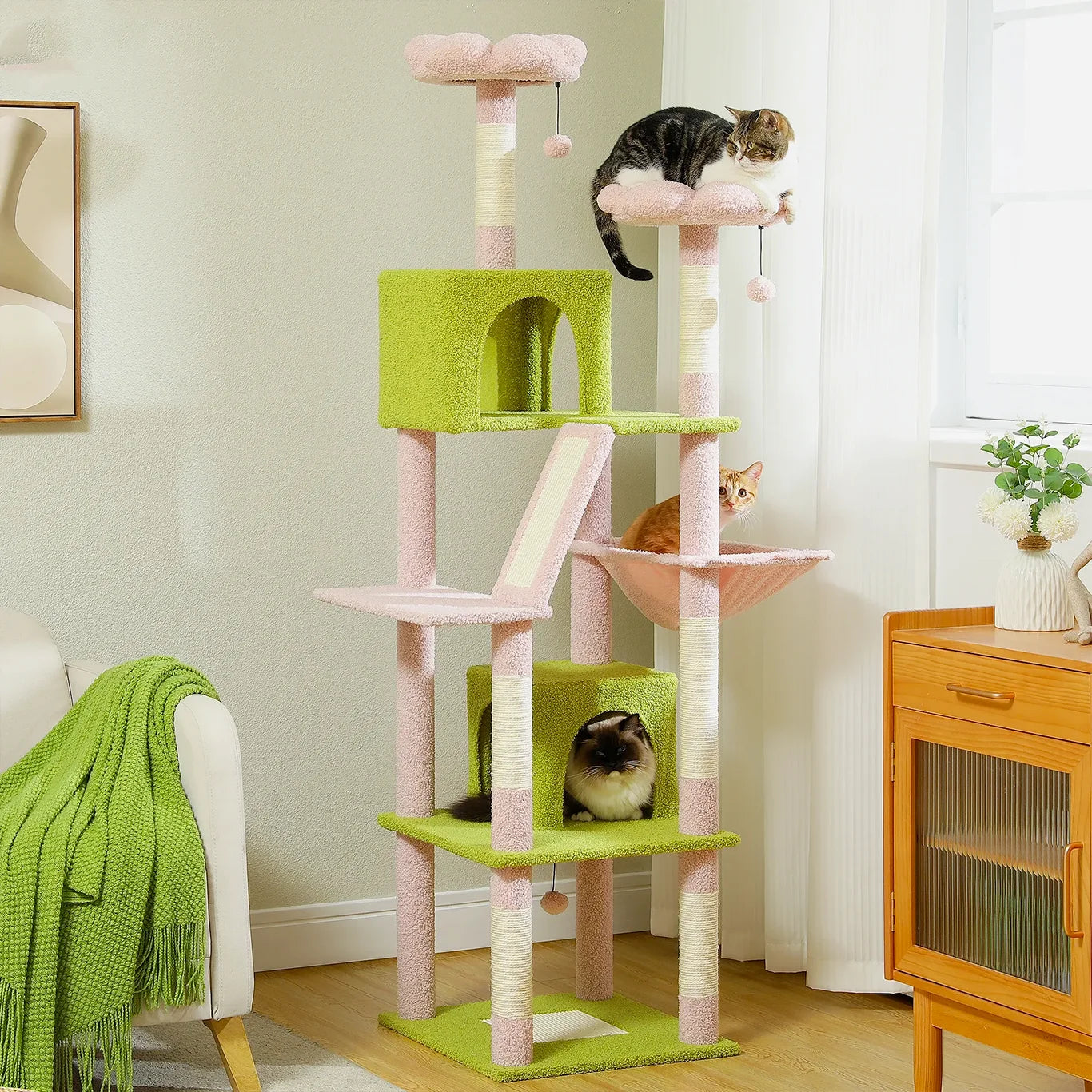 Albero tiragraffi 180 cm ClimbaTower™ rosa e verde, amaca sospesa e 2 condo