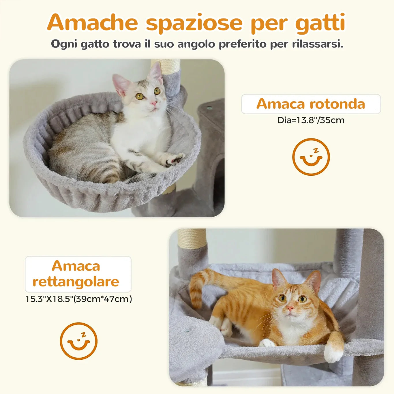 Amache spaziose per gatti del tiragraffi HighNest™ 175 cm con amaca rotonda e rettangolare per il massimo relax
