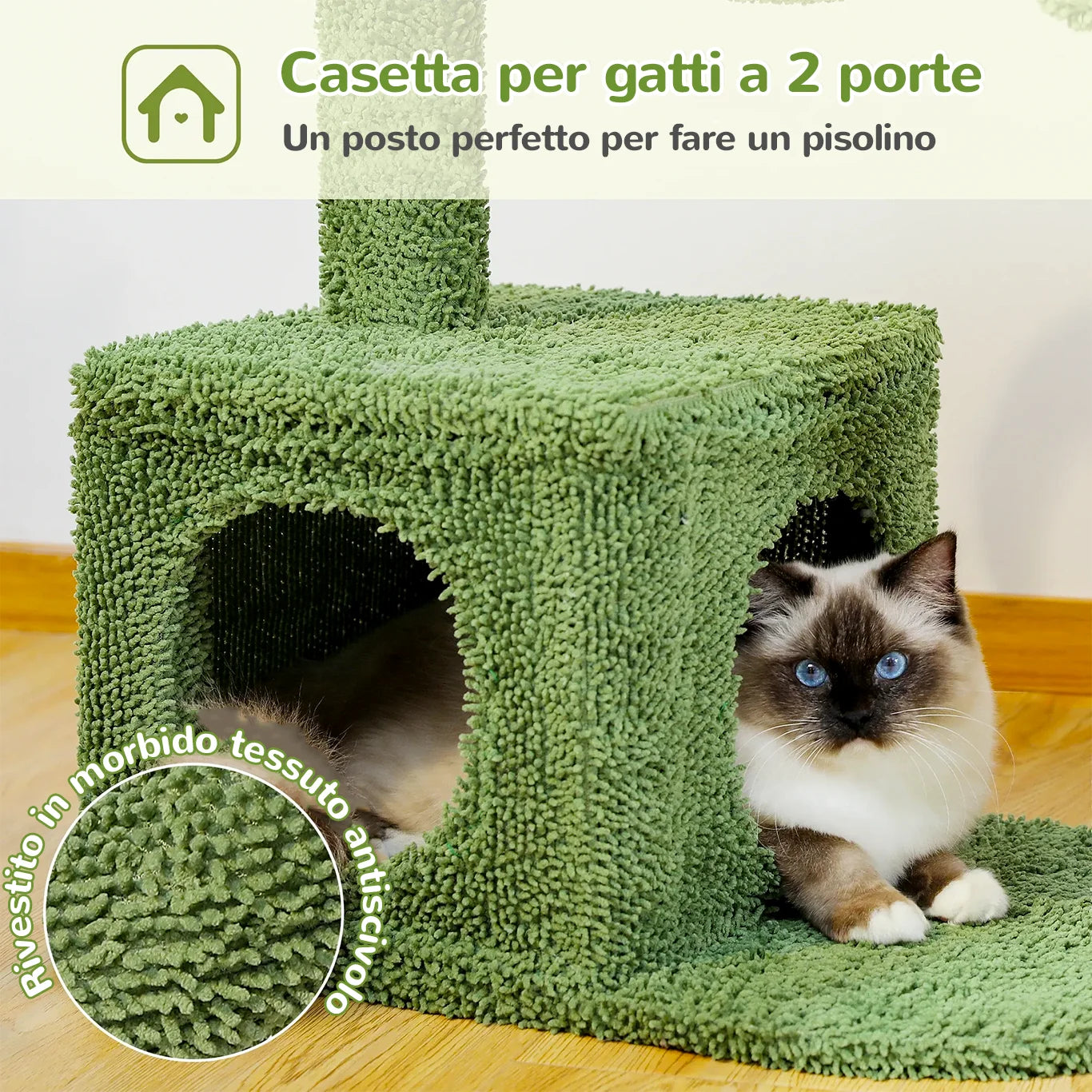 CactusPaws™ casetta per gatti a 2 porte rivestita in tessuto morbido verde