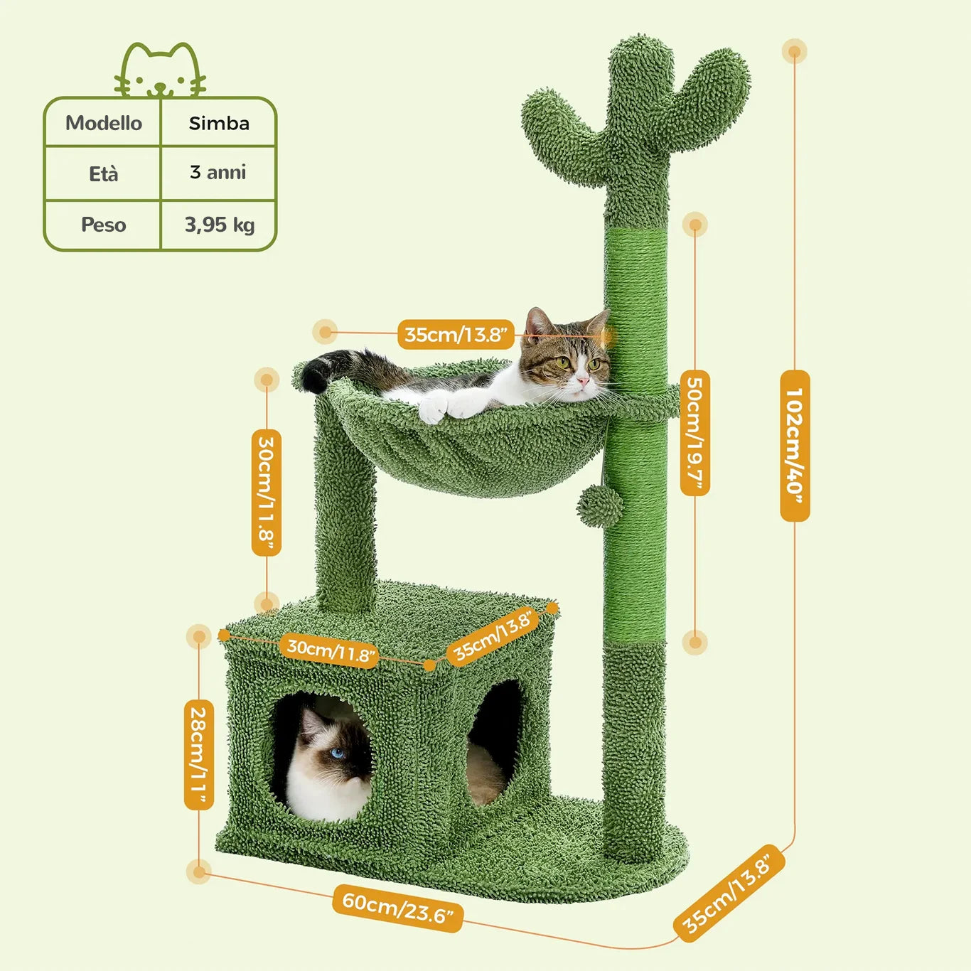Dimensioni albero tiragraffi CactusPaws™ 102 cm con condo e amaca