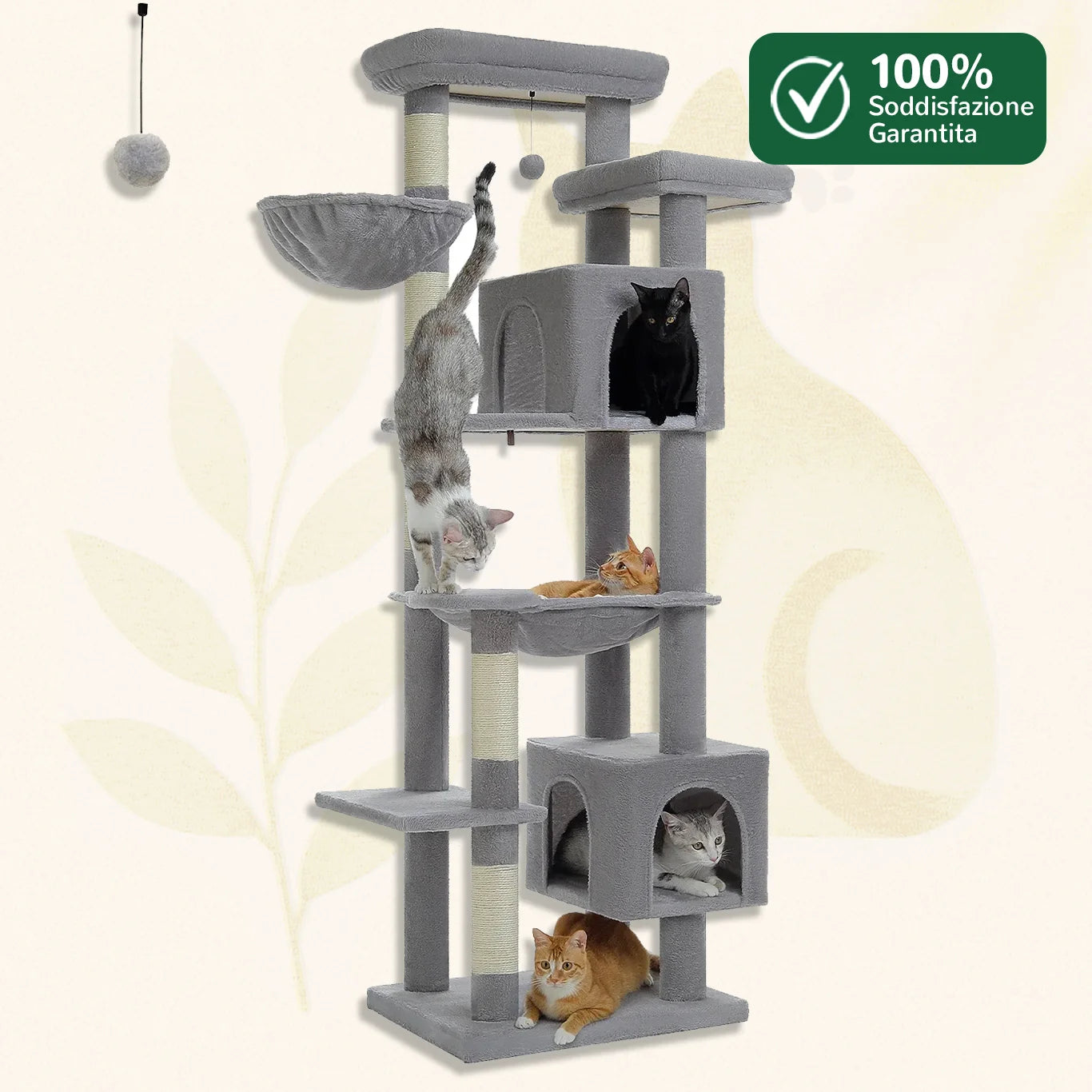 Tiragraffi per gatti HighNest™ 175 cm grigio, struttura stabile con 2 condo e amaca, 100% soddisfazione garantita