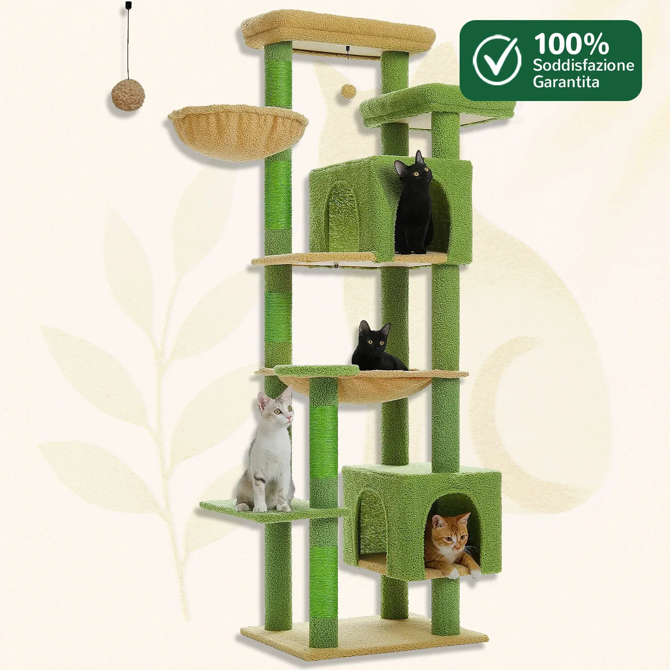 Albero tiragraffi per gatti HighNest™ verde 175 cm, multi-livello con pali in sisal e amaca larga garantita 100%