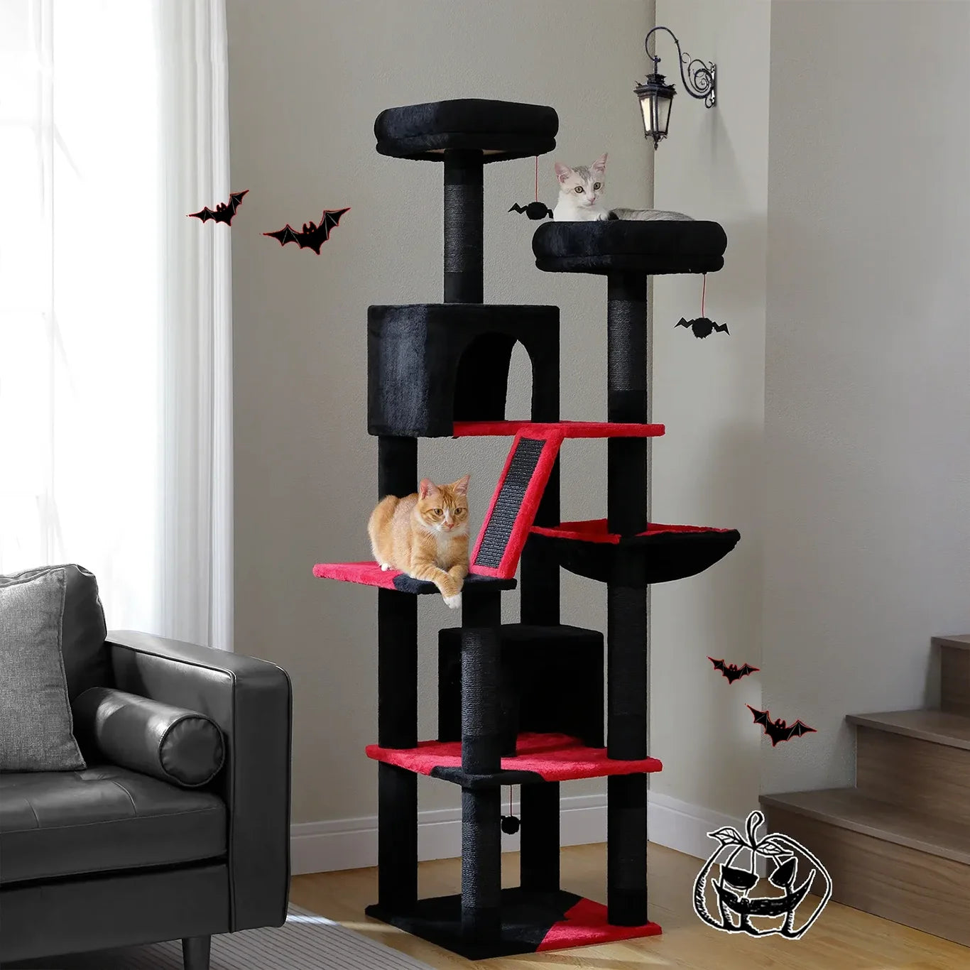 Tiragraffi 180 cm ClimbaTower™ colore nero/rosso con amaca e piattaforme multi-livello