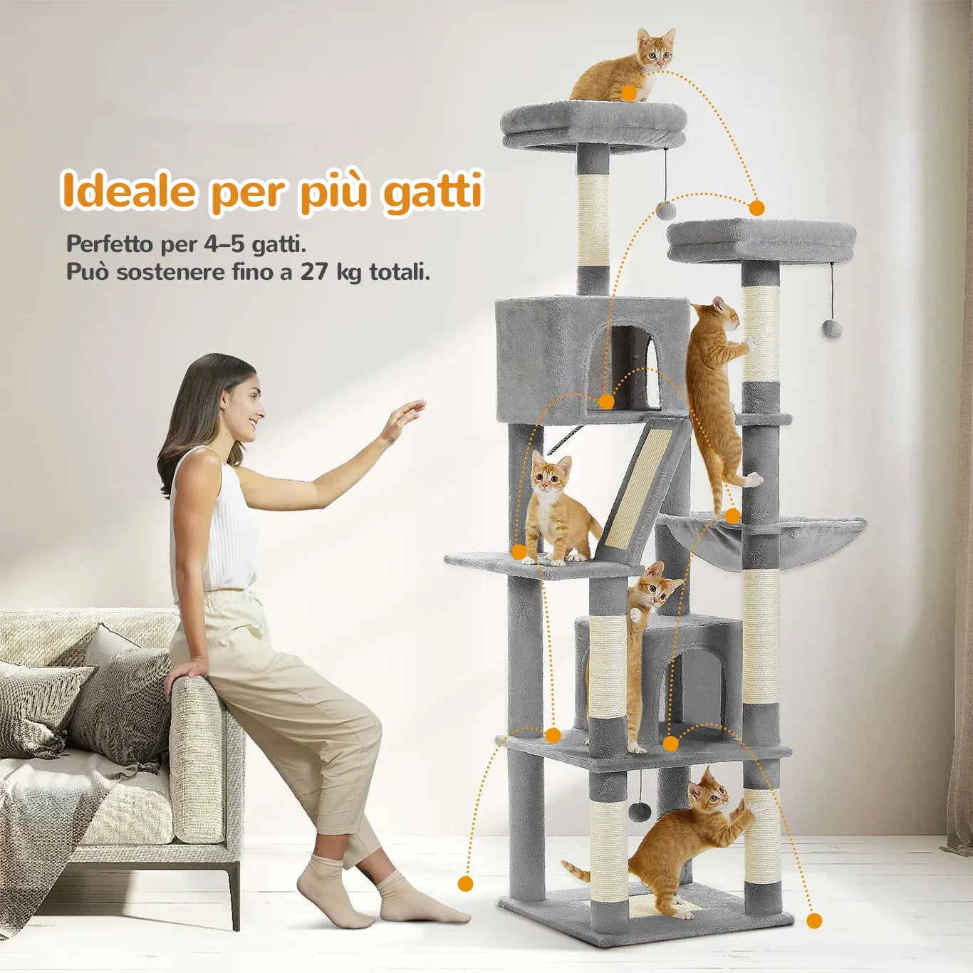 Albero tiragraffi 180 cm ideale per più gatti, supporto fino a 27 kg totali