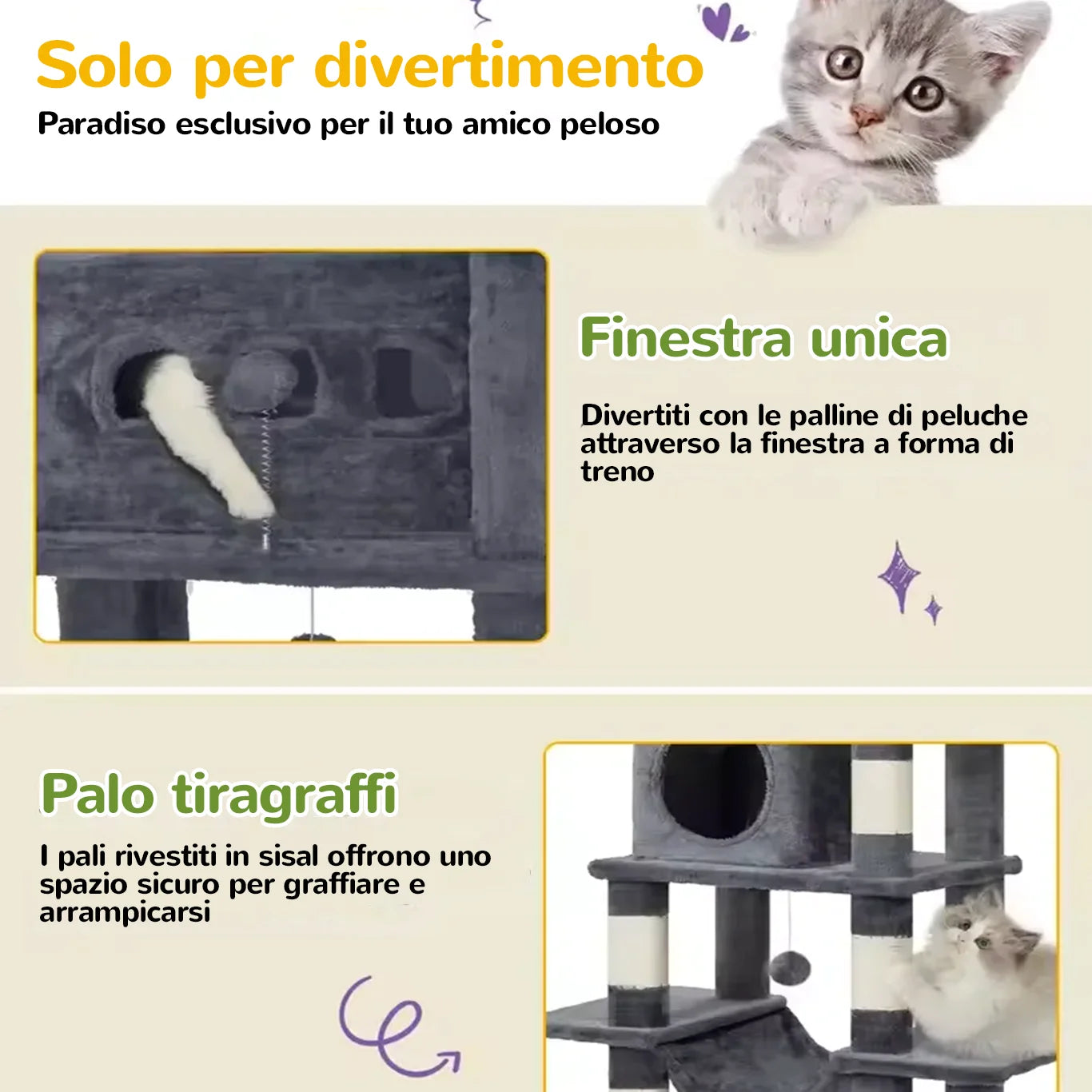 SkyTower™ albero tiragraffi XXL 210 cm multi-livello con gatto che gioca