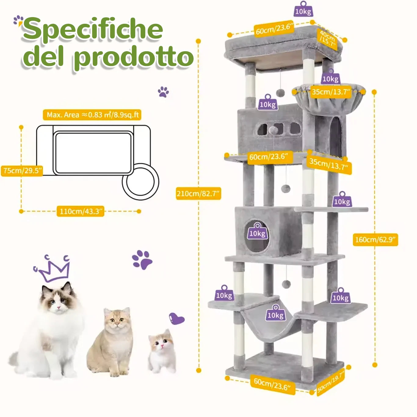 Dimensioni albero tiragraffi SkyTower™ XXL 210 cm con condo e amaca