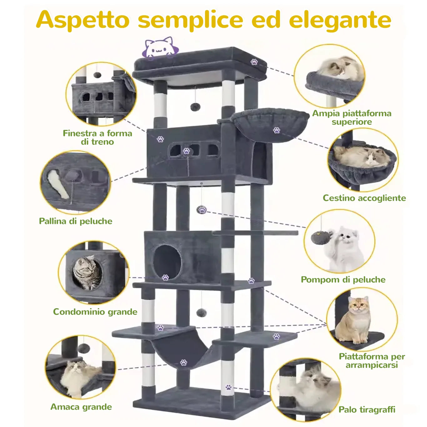 SkyTower™ finestra a forma di treno e pali tiragraffi in sisal per gatti