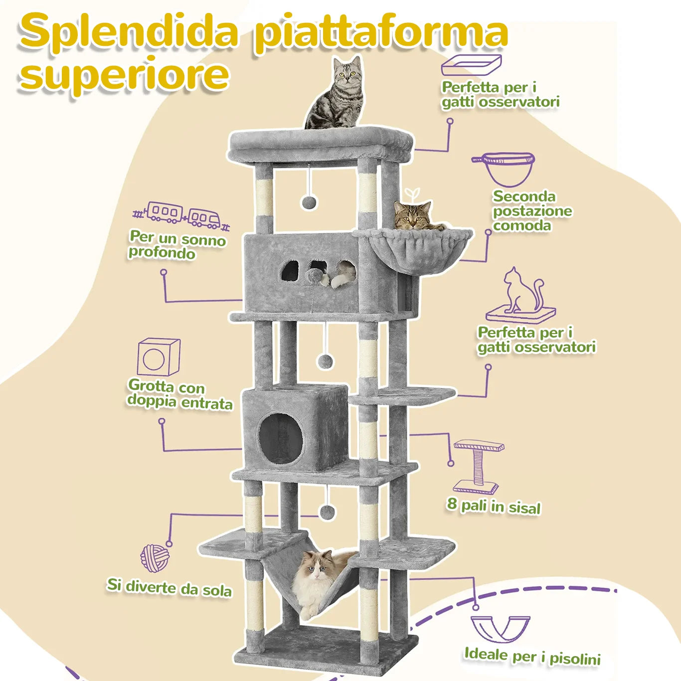 SkyTower™ albero tiragraffi multi-livello con grotta, amaca e piattaforme
