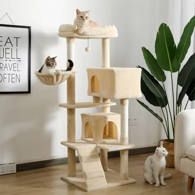 Tiragraffi per gatti 143 cm CozyTree™ beige con doppia casetta e amaca sospesa per più gatti