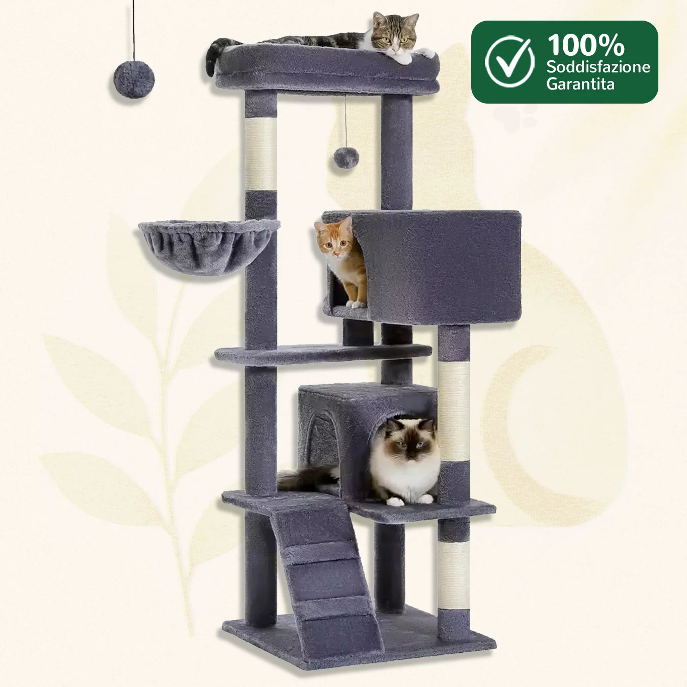 Tiragraffi per gatti 143 cm CozyTree™ colore grigio scuro su fondo bianco