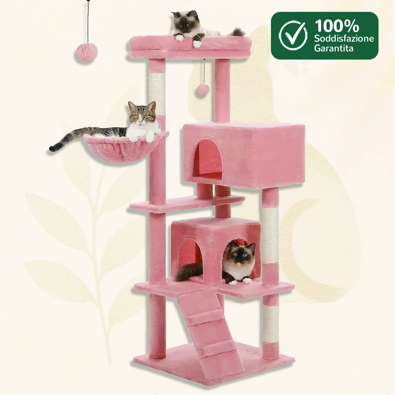 Tiragraffi per gatti 143 cm CozyTree™ colore rosa su fondo bianco