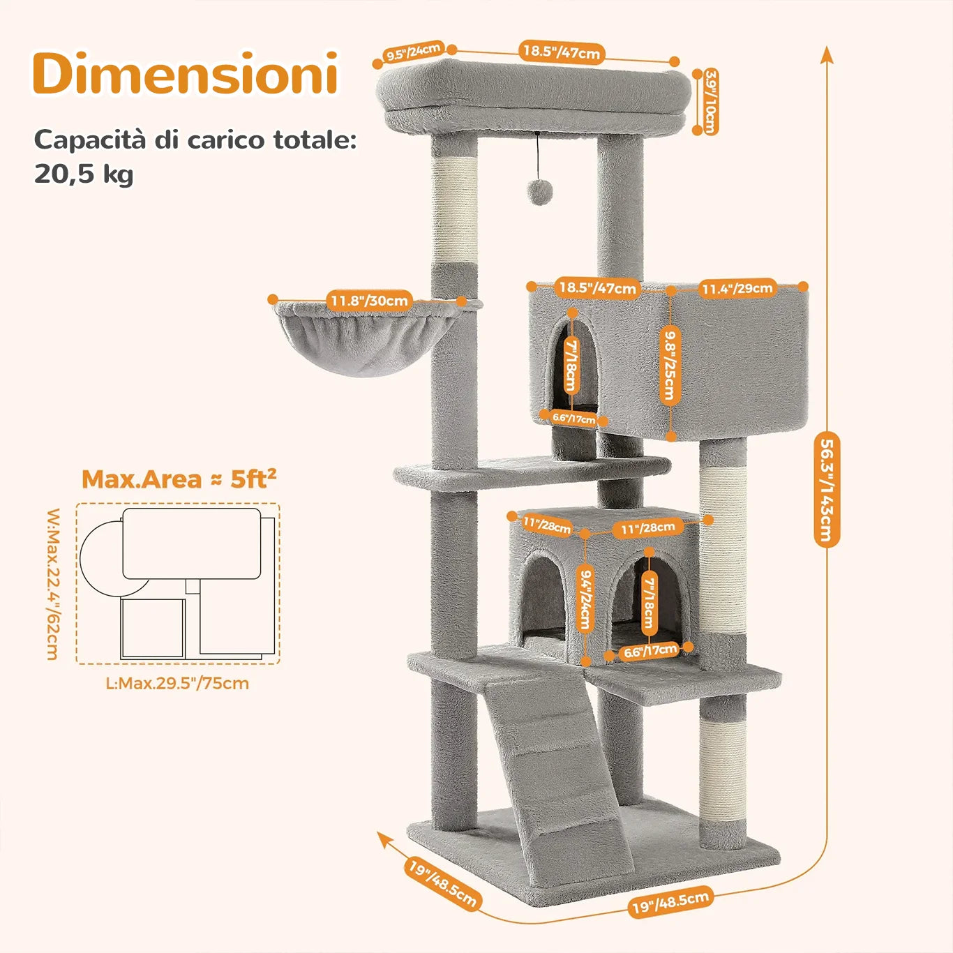 Dimensioni tiragraffi per gatti 143 cm CozyTree™, capacità di carico 20,5 kg e design compatto salvaspazio