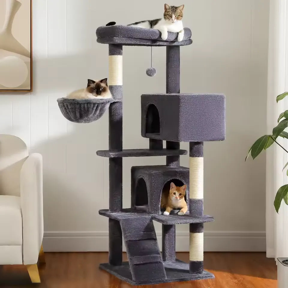 Tiragraffi per gatti 143 cm CozyTree™ grigio scuro multi-livello con 2 casette e amaca laterale