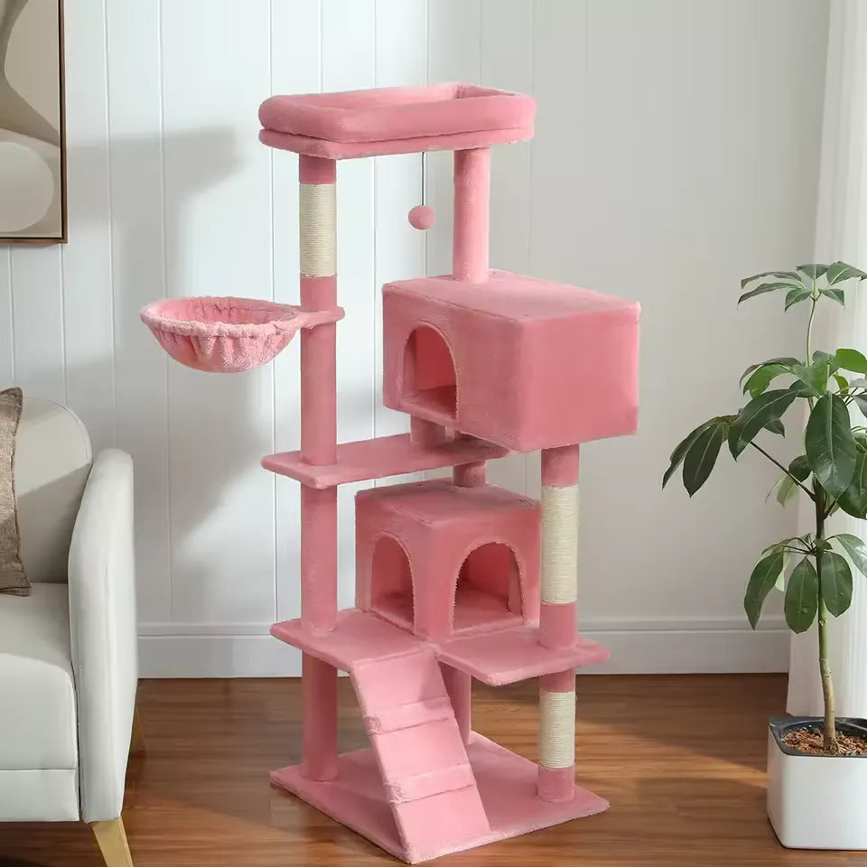 Tiragraffi 143 cm per gatti CozyTree™ rosa con doppio condo, amaca e piattaforme imbottite
