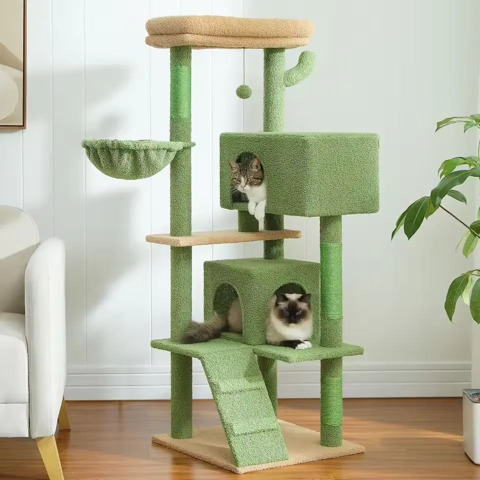 Albero tiragraffi CozyTree™ verde con amaca e doppio condo, perfetto per il gioco e relax dei gatti
