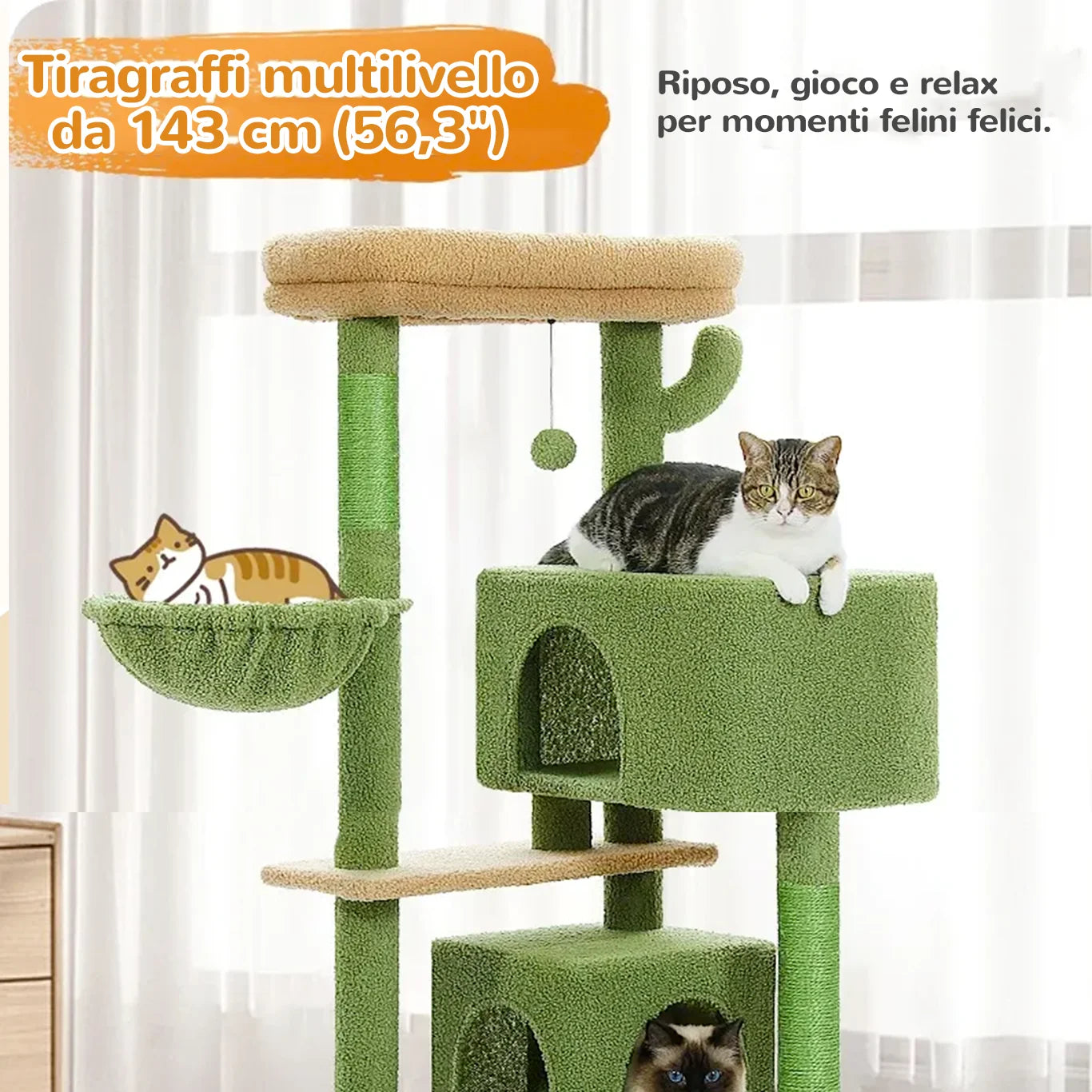 Tiragraffi per gatti 143 cm CozyTree™ verde multi-livello con amaca e 2 condo per gioco e relax felino