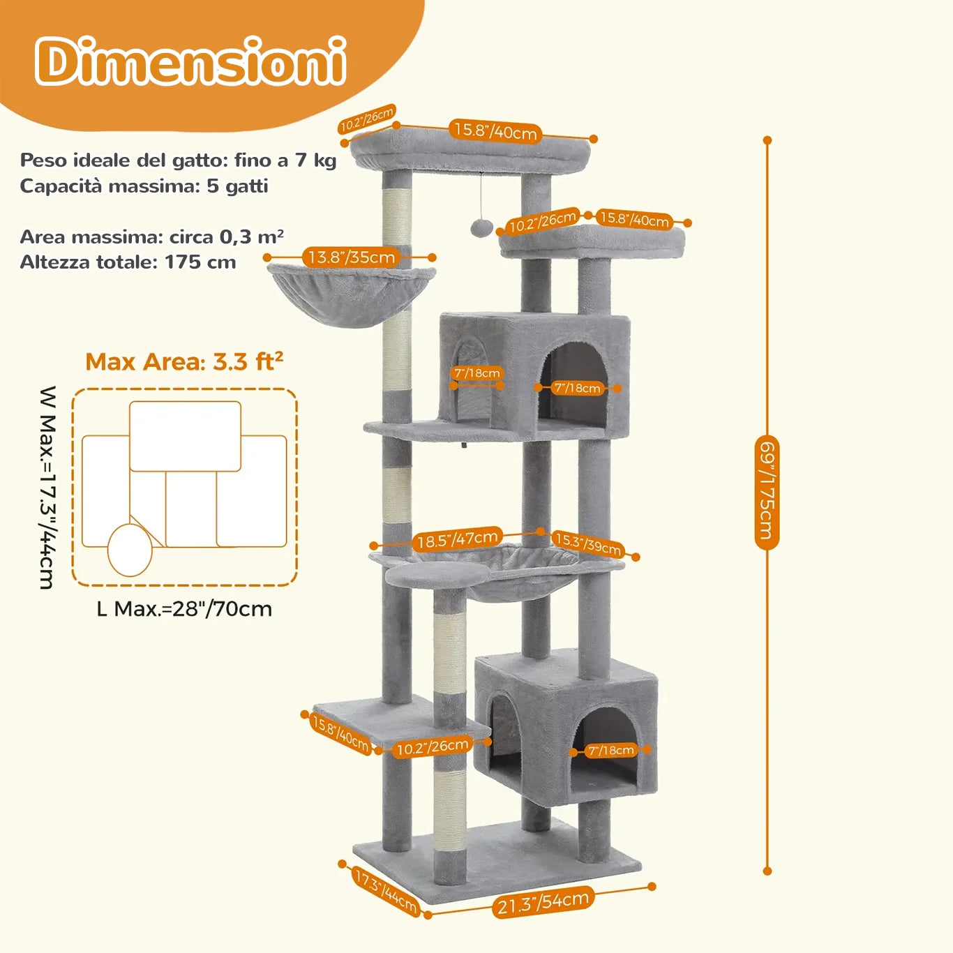 Dimensioni tiragraffi per gatti 175 cm HighNest™ con 2 condo, amaca e piattaforme extra-large in tessuto morbido
