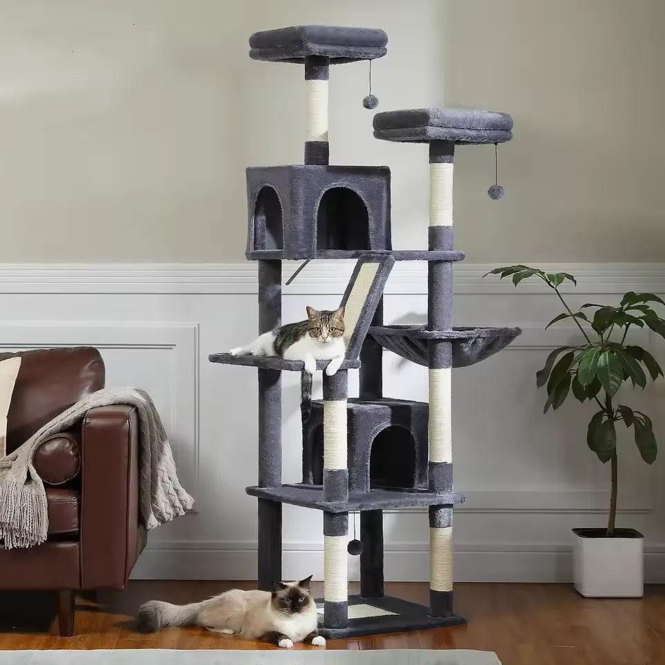 Tiragraffi per gatti 180 cm ClimbaTower™ grigio scuro con amaca, 2 casette e pali in sisal naturale