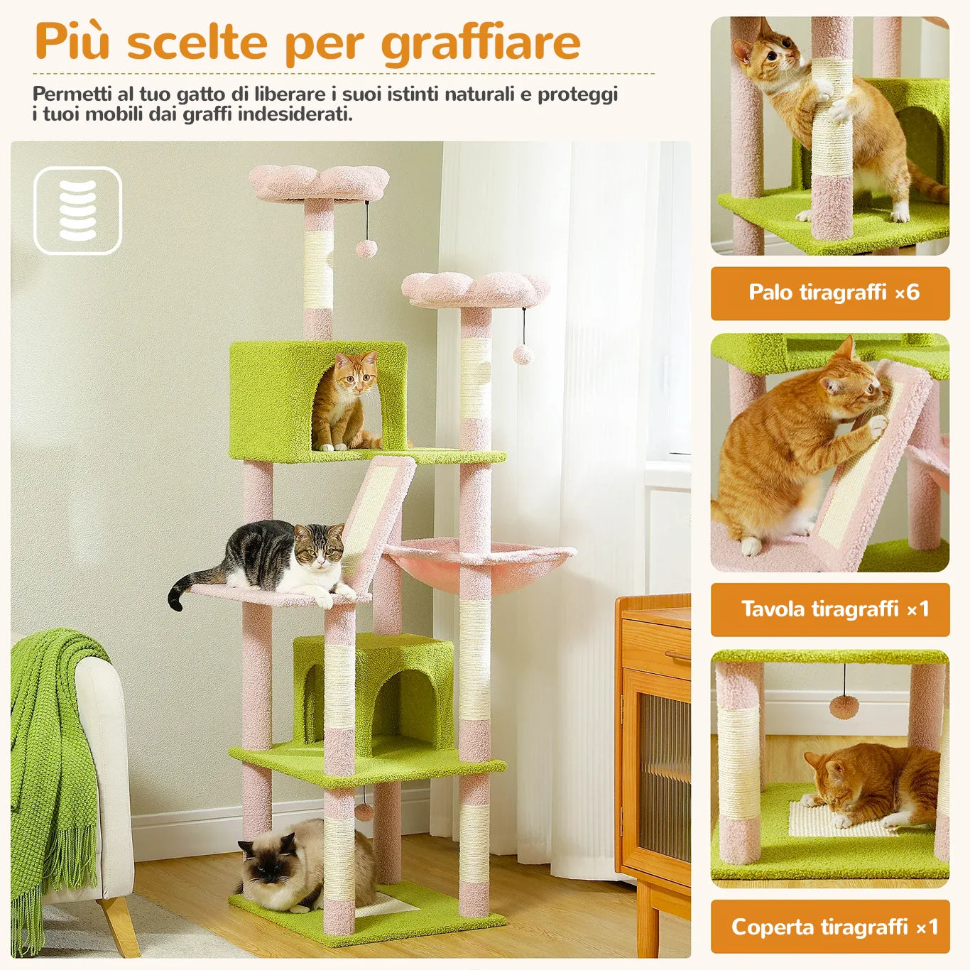 Tiragraffi per gatti multi-livello con 6 pali in sisal, tavola tiragraffi e coperta graffiante