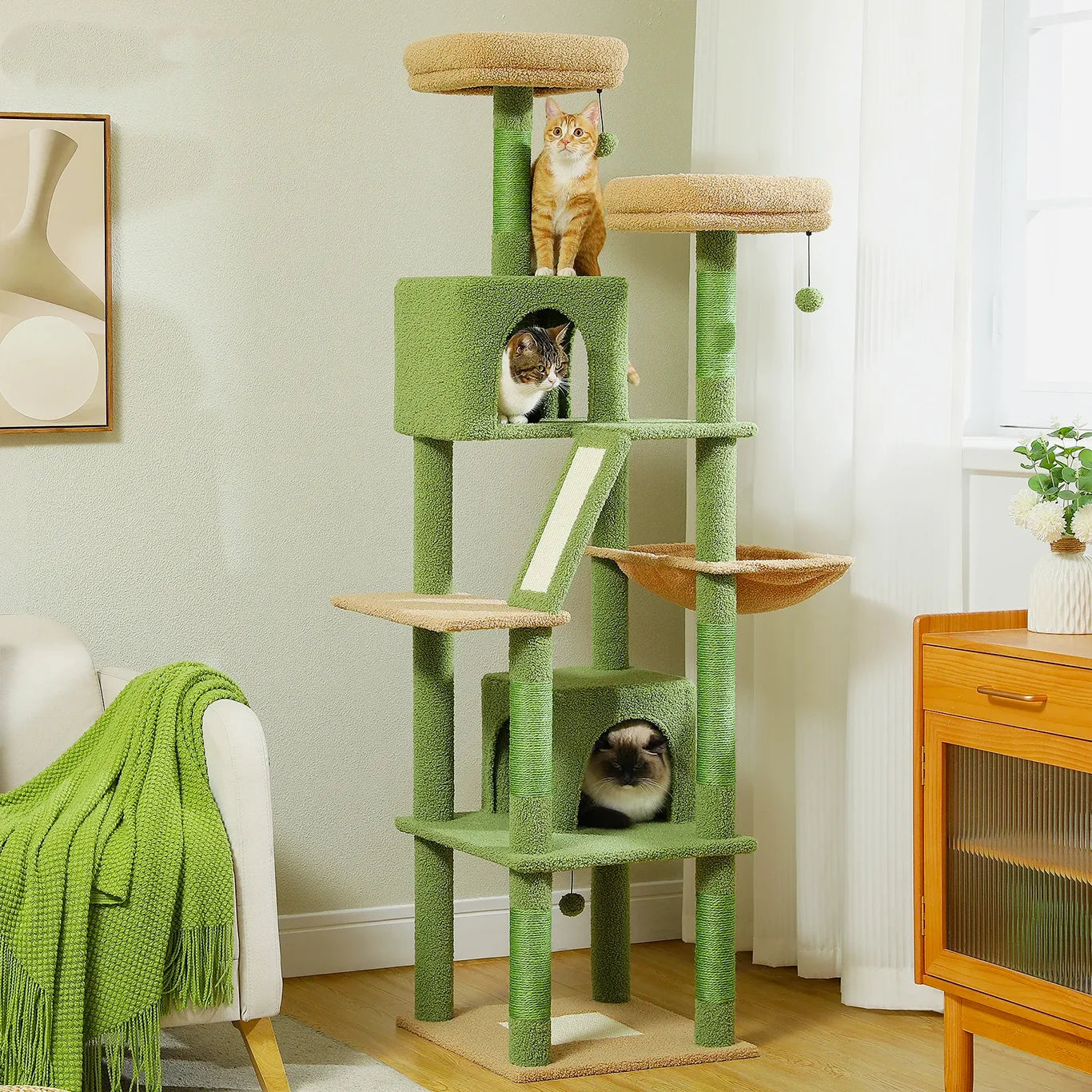 Tiragraffi per gatti 180 cm ClimbaTower™ verde, albero tiragraffi multi-livello con amaca e 2 condo in salotto